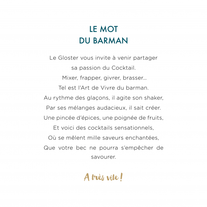 Gloster - Bar à cocktails - Accueil